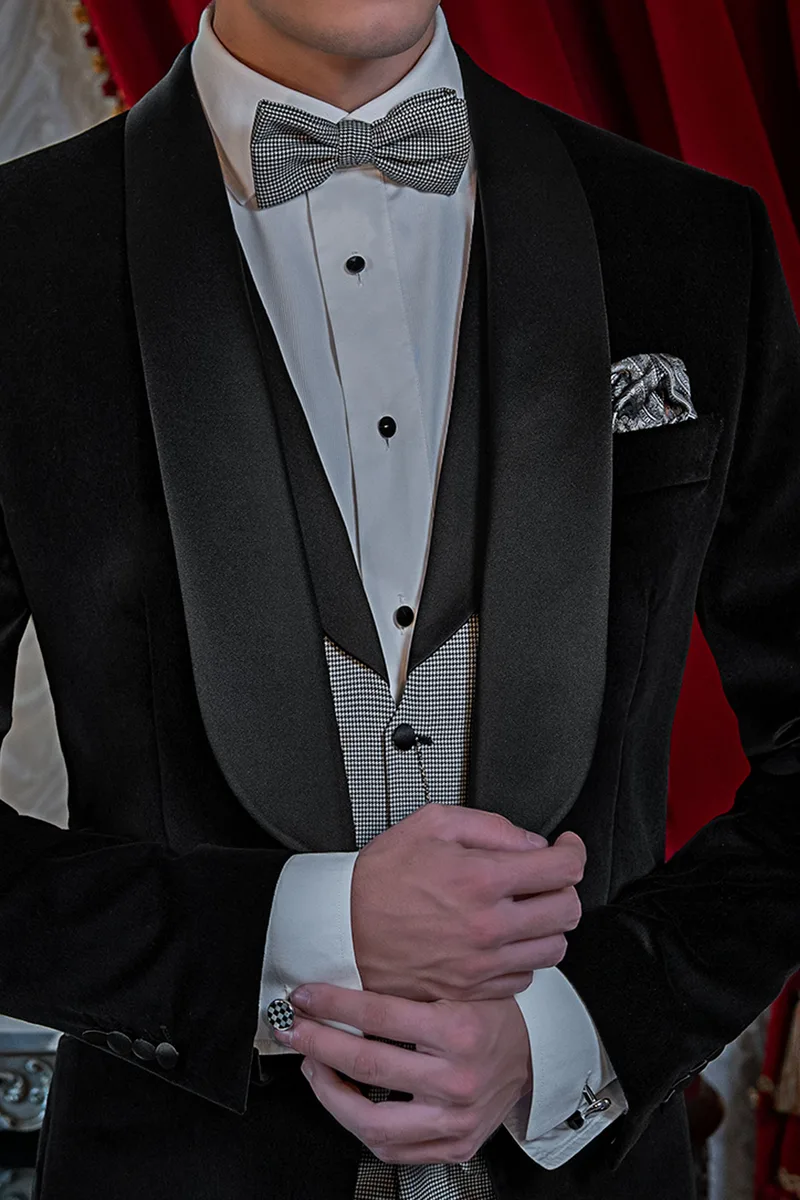 Smoking uomo elegante da sera velluto nero, gilet e pantalone pied de poule 3
