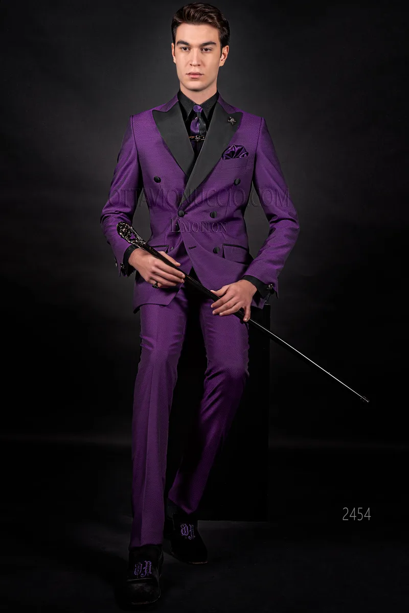 Abito moderno smoking doppiopetto viola, rever raso nero 1
