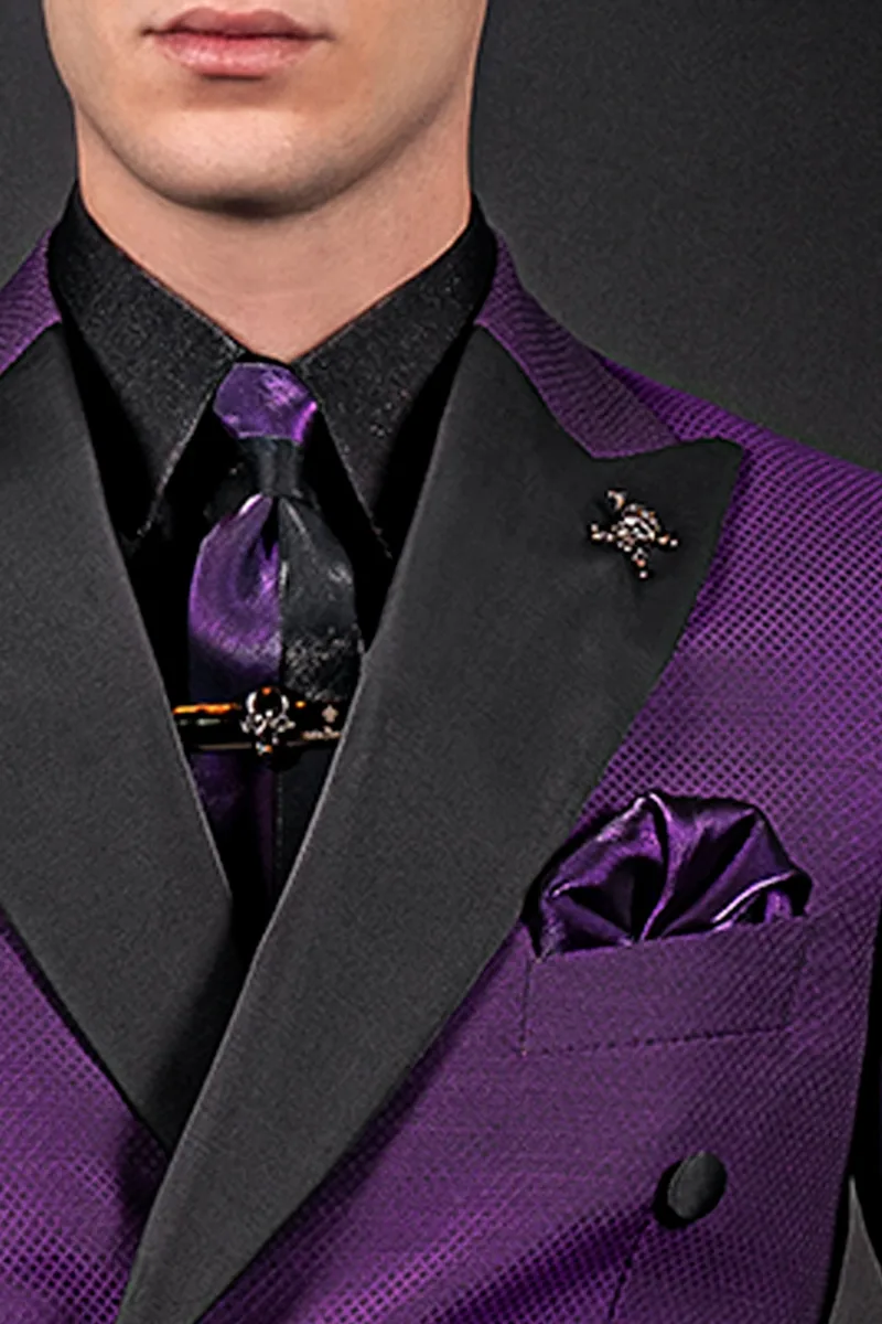 Abito moderno smoking doppiopetto viola, rever raso nero 2