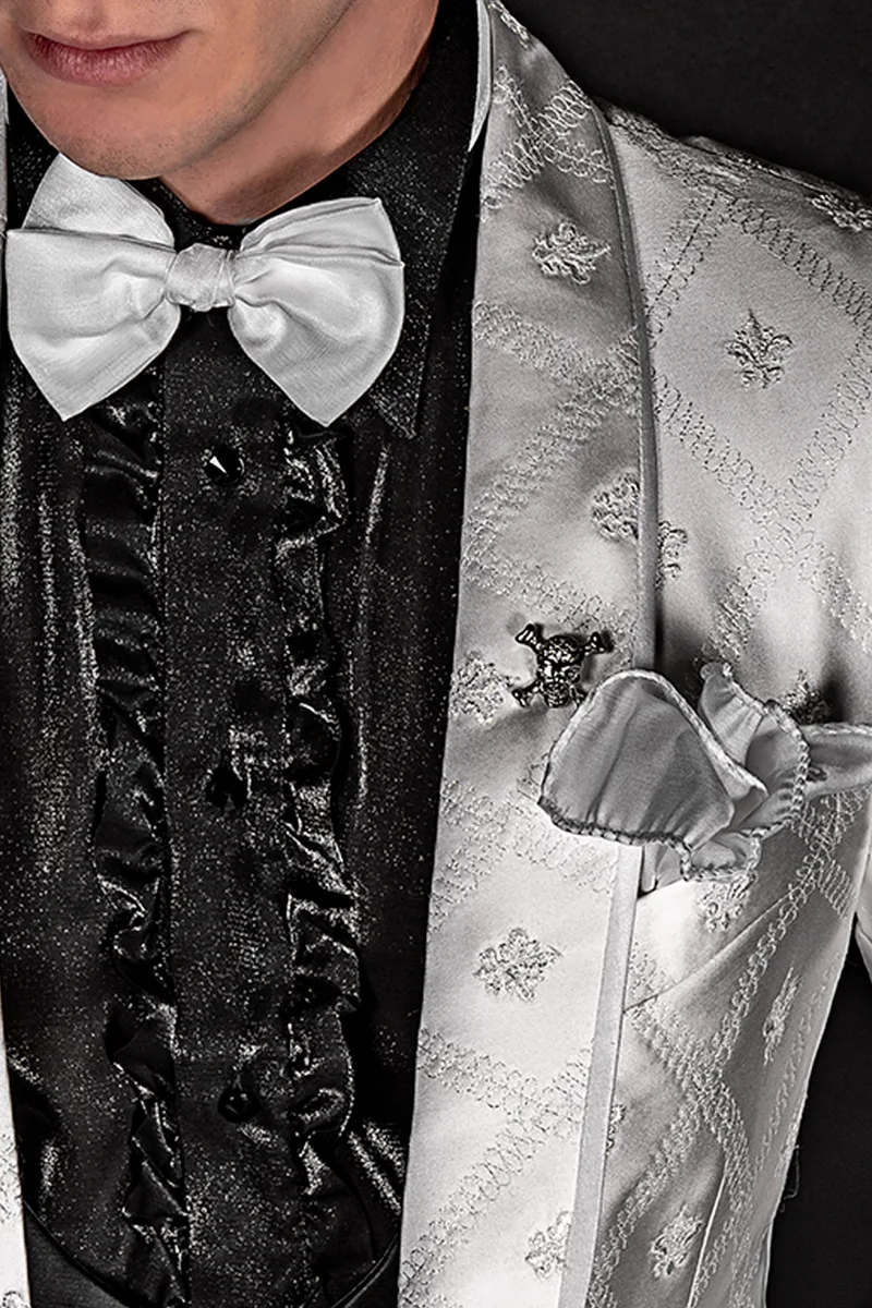 Giacca uomo in raso bianco ricamata, pantalone e gilet neri 3