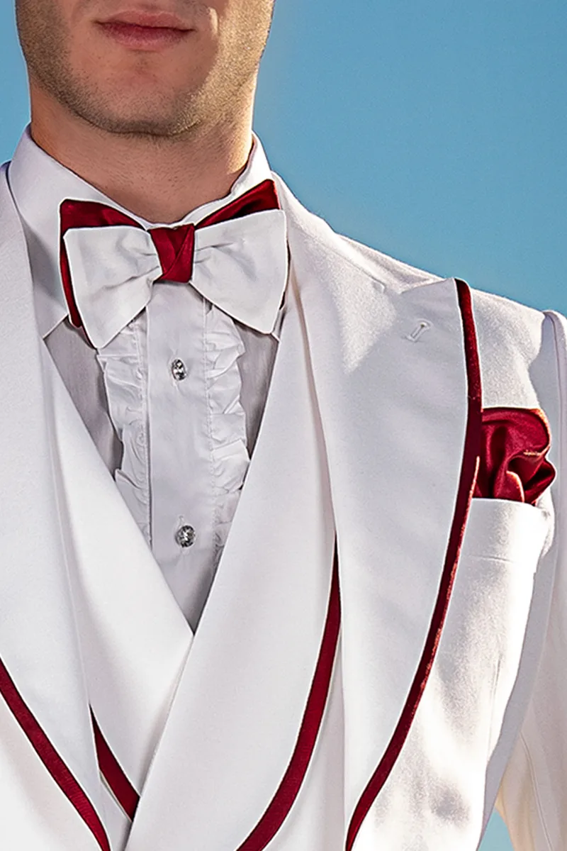 Abito uomo fashion su misura bianco, contrasti rossi sul rever e maniche 3