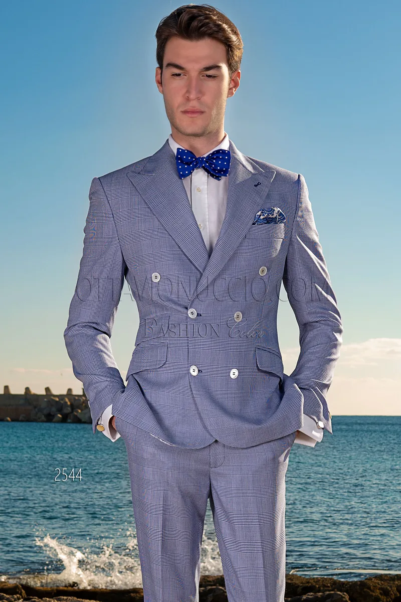 Vestito matrimonio estivo uomo doppiopetto principe di Galles blu 1