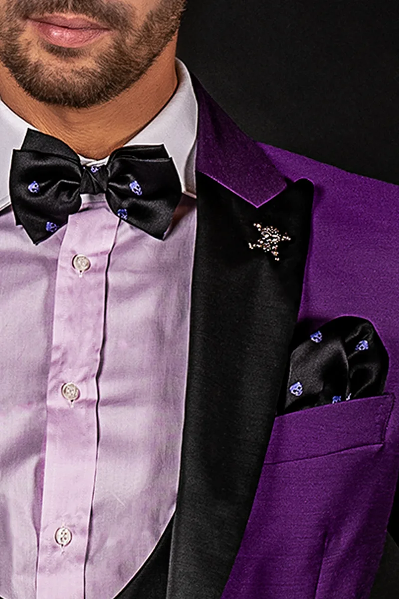 Abito smoking moderno da uomo viola e nero, pantaloni e gilet nero 3