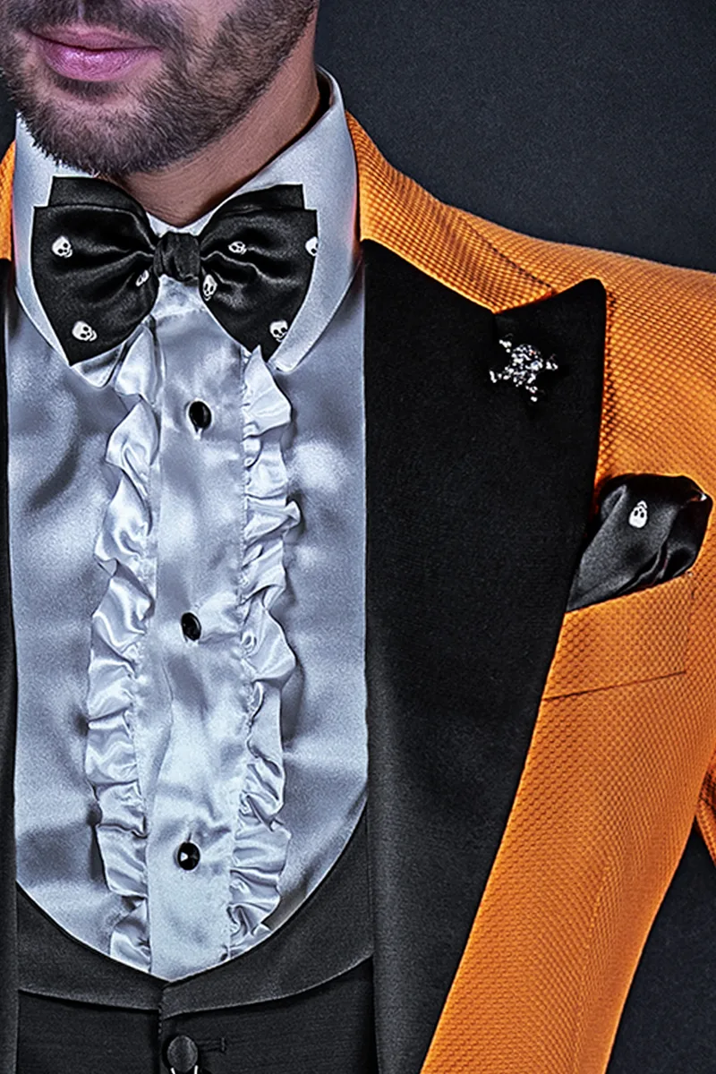 Abito smoking moderno da uomo in piqué arancio e rever raso nero 3