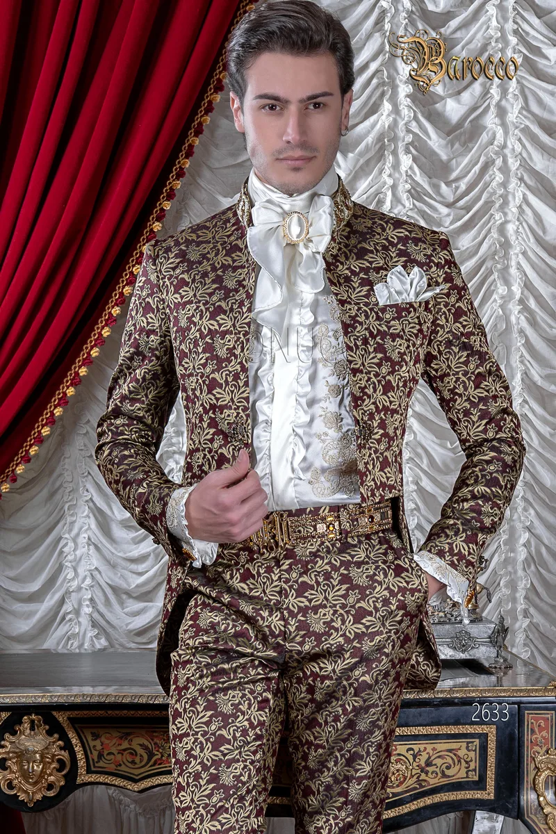 Frac alta moda barocca sposo broccato bordeaux oro, collo coreano 1