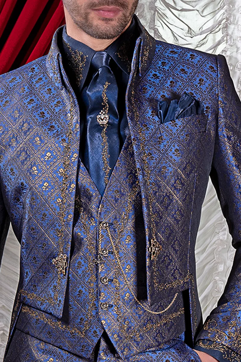 Vestito sposo frac uomo barocco broccato blu oro ricamato oro 2