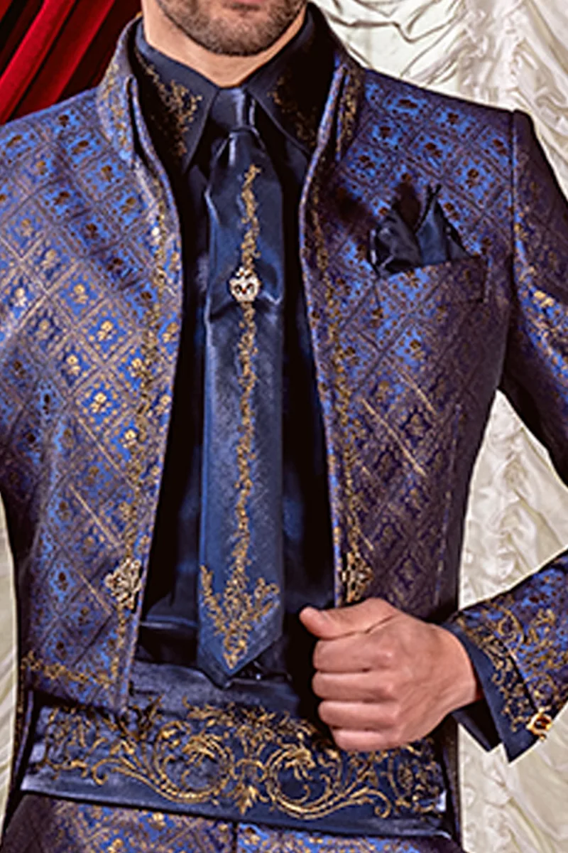 Vestito sposo frac uomo barocco broccato blu oro ricamato oro 3