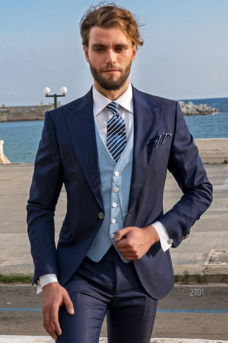 Abito cerimonia sposo blu, gilet 5 bottoni celeste – pa