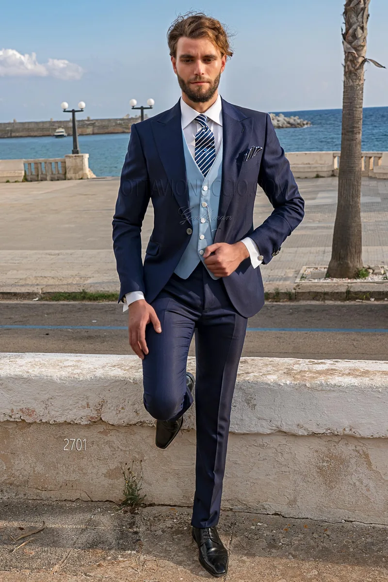 Abito cerimonia sposo blu, gilet 5 bottoni celeste – fi