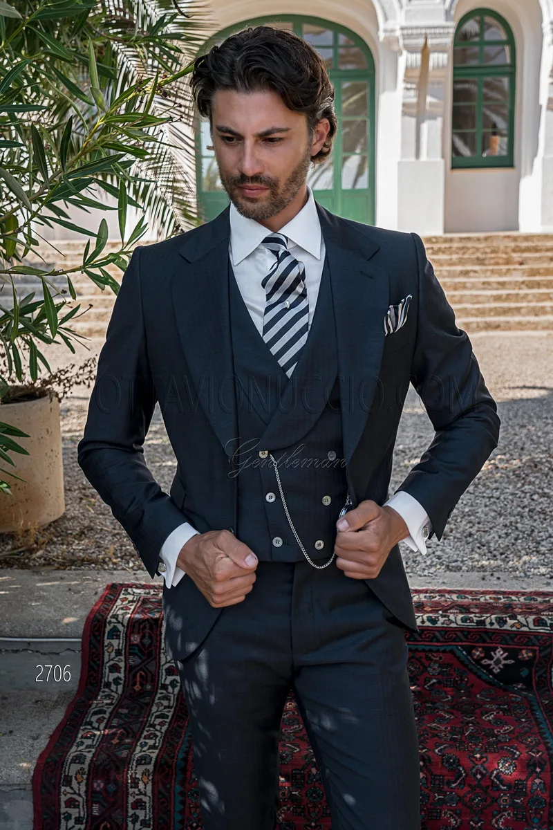 Vestito cerimonia uomo classico pura lana blu, gilet doppiopetto 1