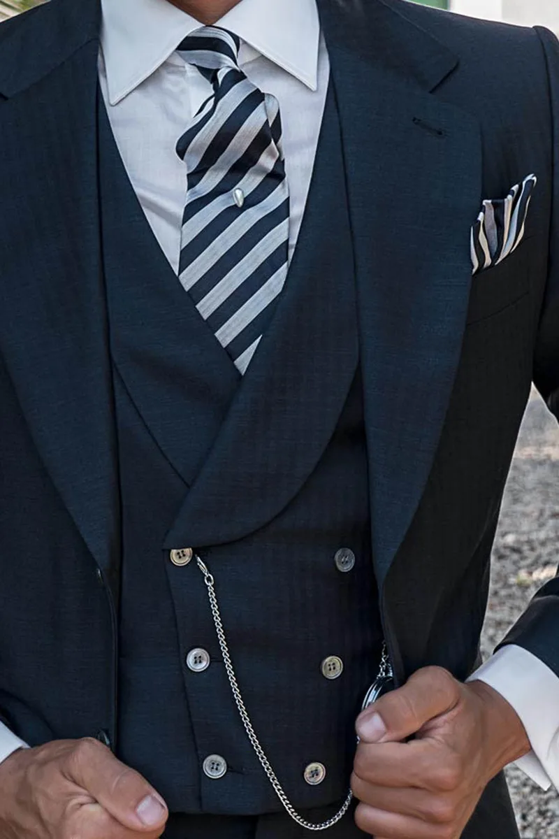 Vestito cerimonia uomo classico pura lana blu, gilet doppiopetto 2