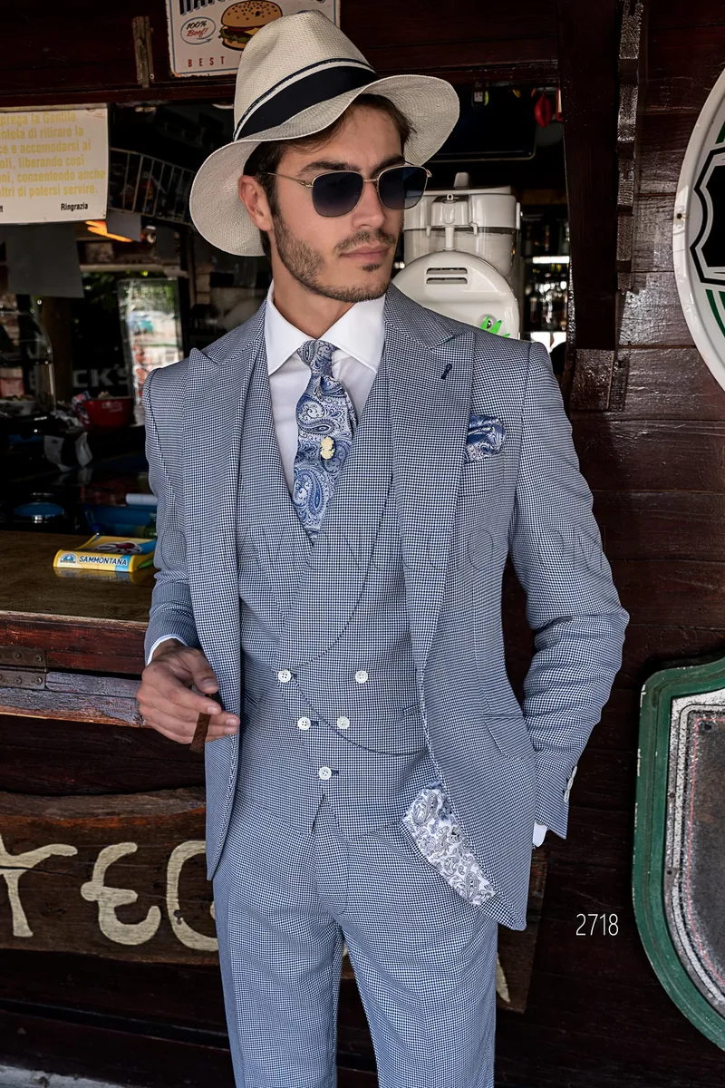Abito cerimonia sposo vintage in pied-de-poule blu royal e gilet asimmetrico 1