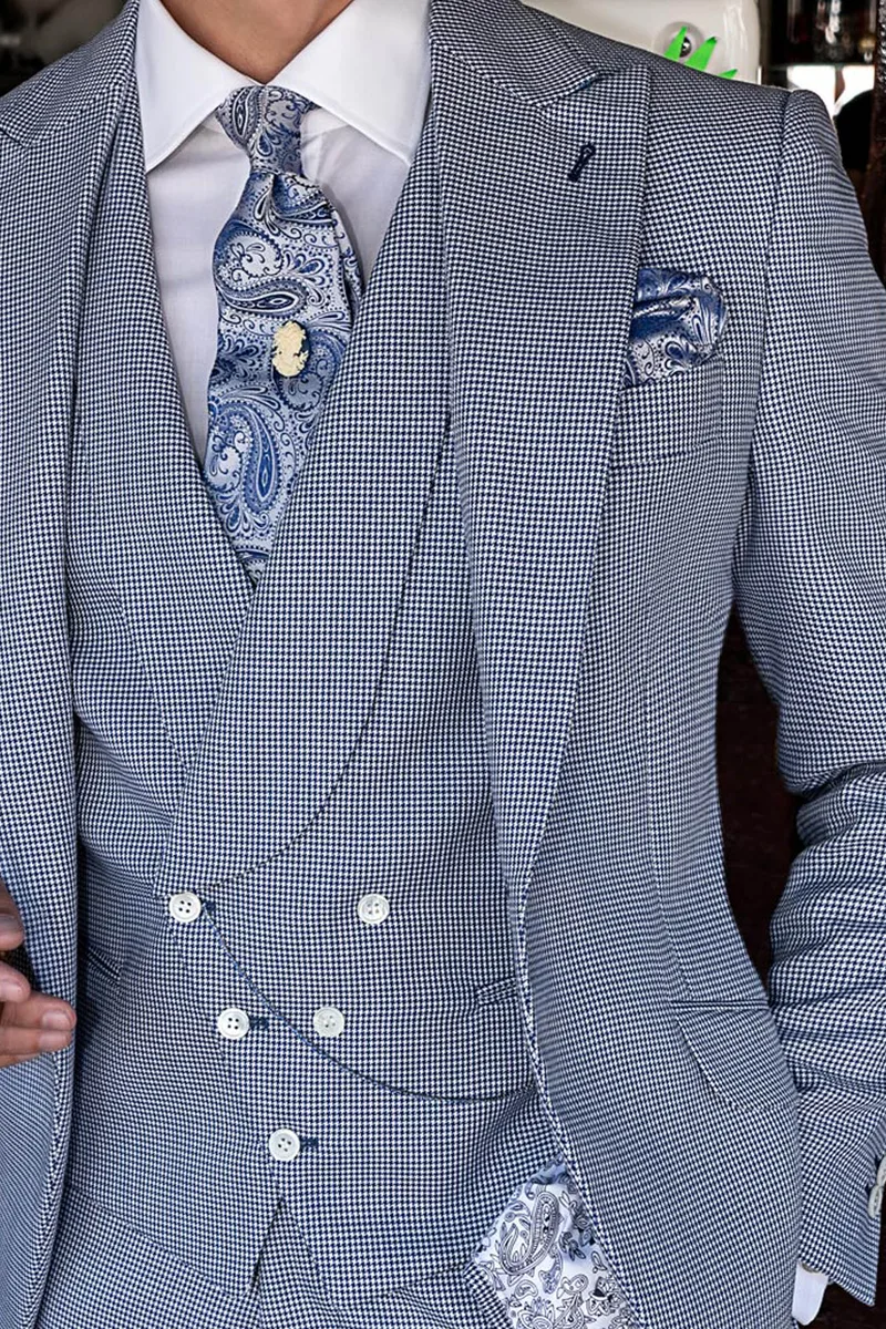 Abito cerimonia sposo vintage in pied-de-poule blu royal e gilet asimmetrico 2