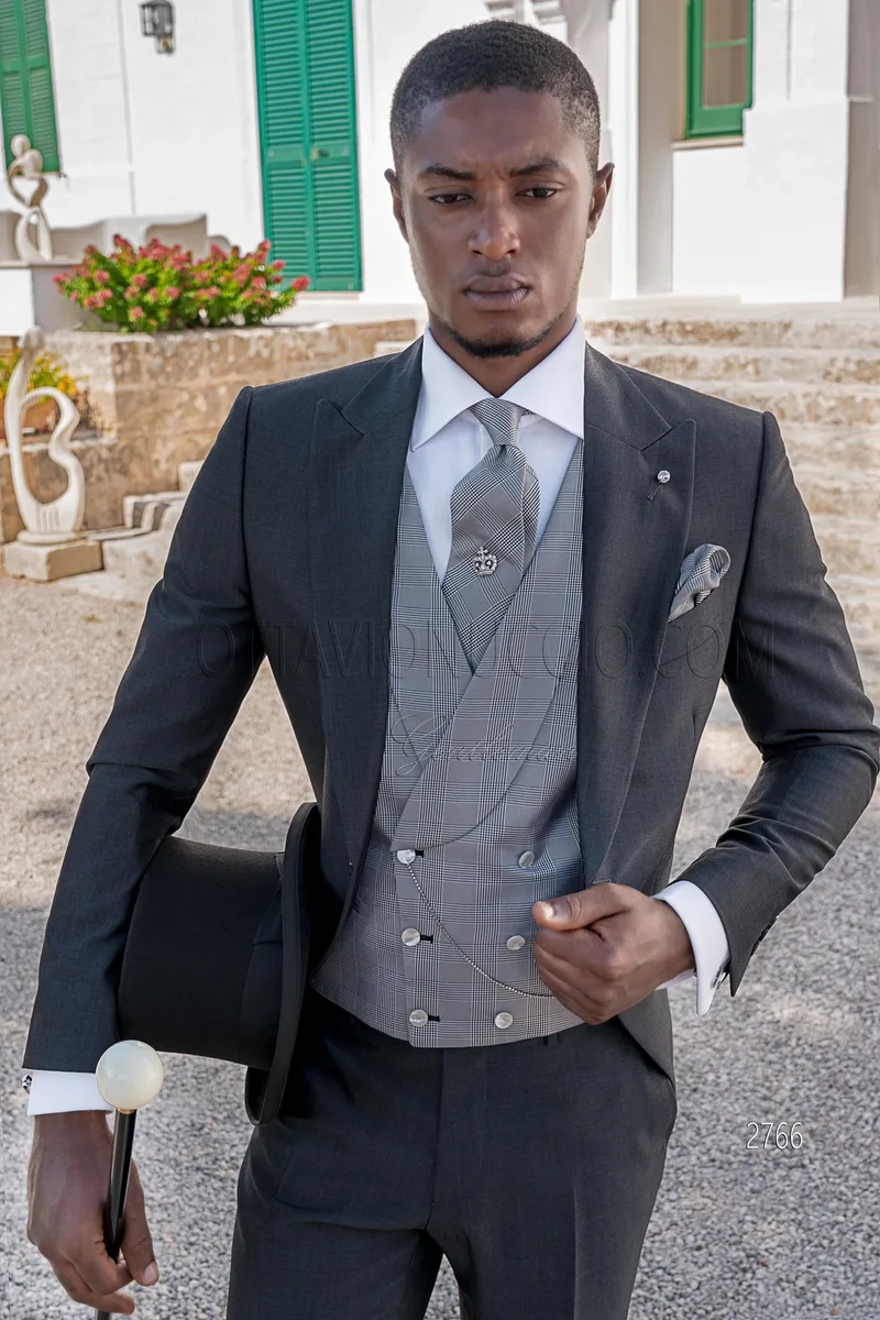 Abito uomo mezzo Tight moderno grigio e gilet principe di Galles seta 1
