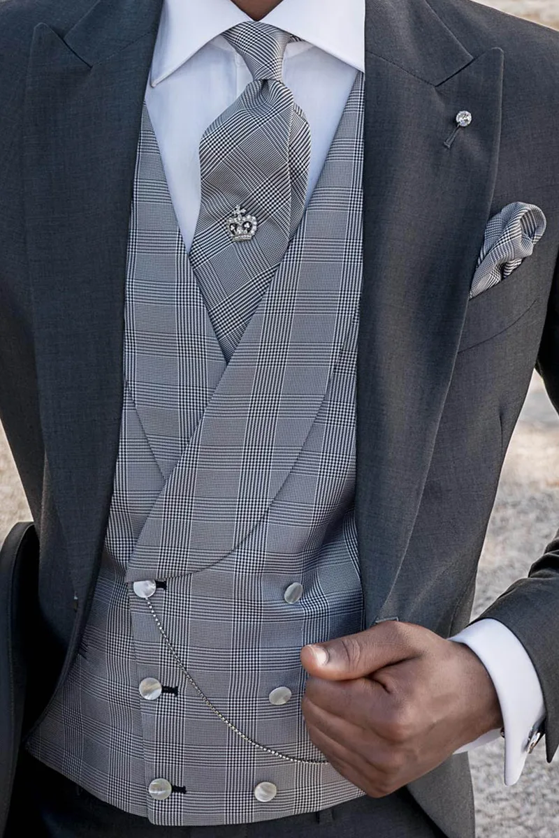 Abito uomo mezzo Tight moderno grigio e gilet principe di Galles seta 2