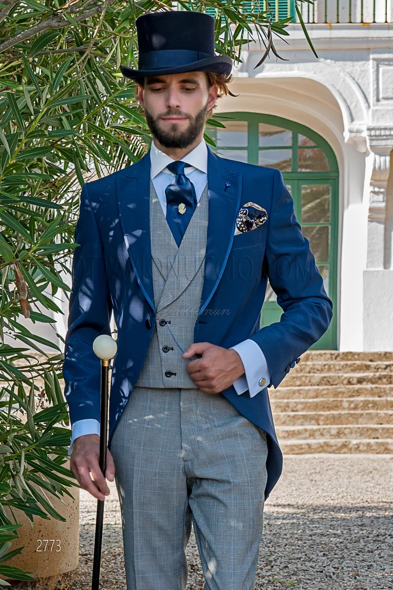Tight moderno blu royal pantalone e gilet in principe di Galles grigio – pa