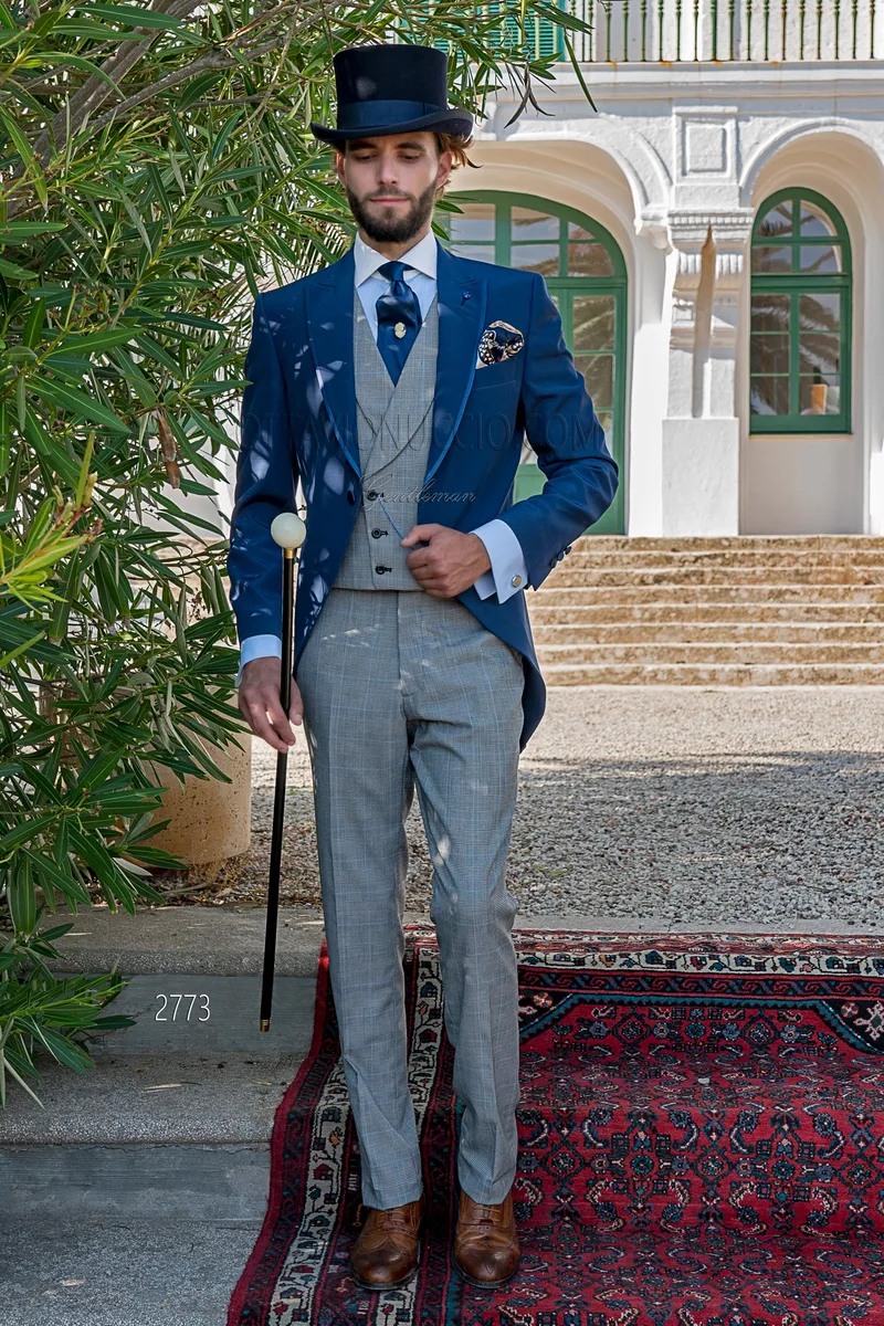 Tight moderno blu royal pantalone e gilet in principe di Galles grigio – fi