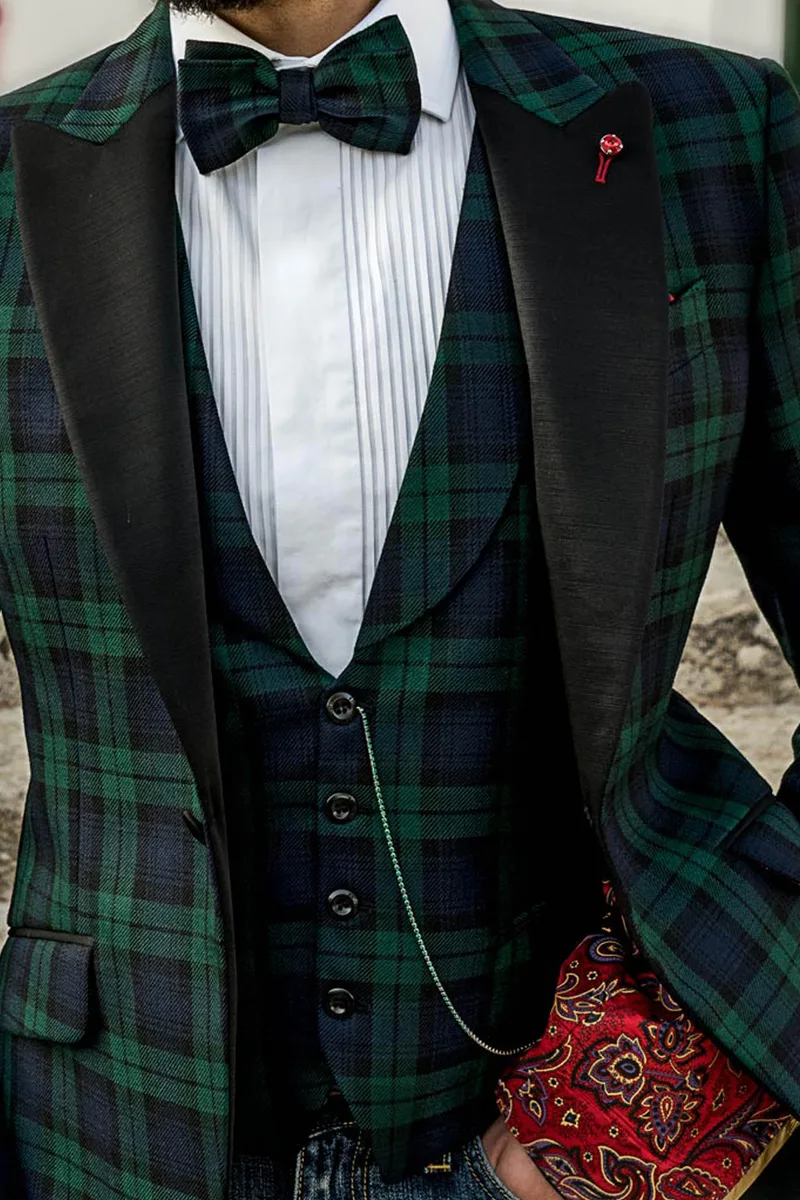 Smoking stile inglese, giacca e gilet in tartan verde 2