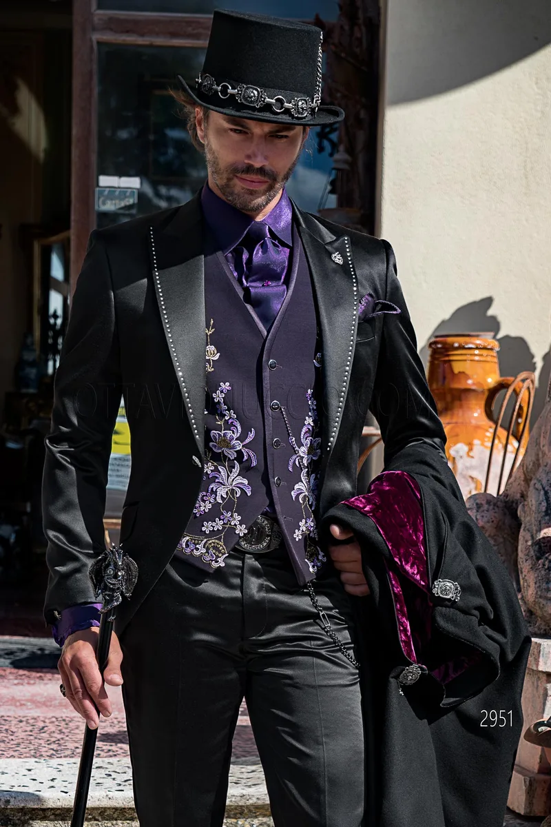 Abito uomo in raso nero con strass cristallo in stile steampunk vintage – pa