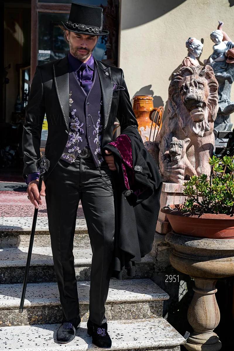 Abito uomo in raso nero con strass cristallo in stile steampunk vintage – fi
