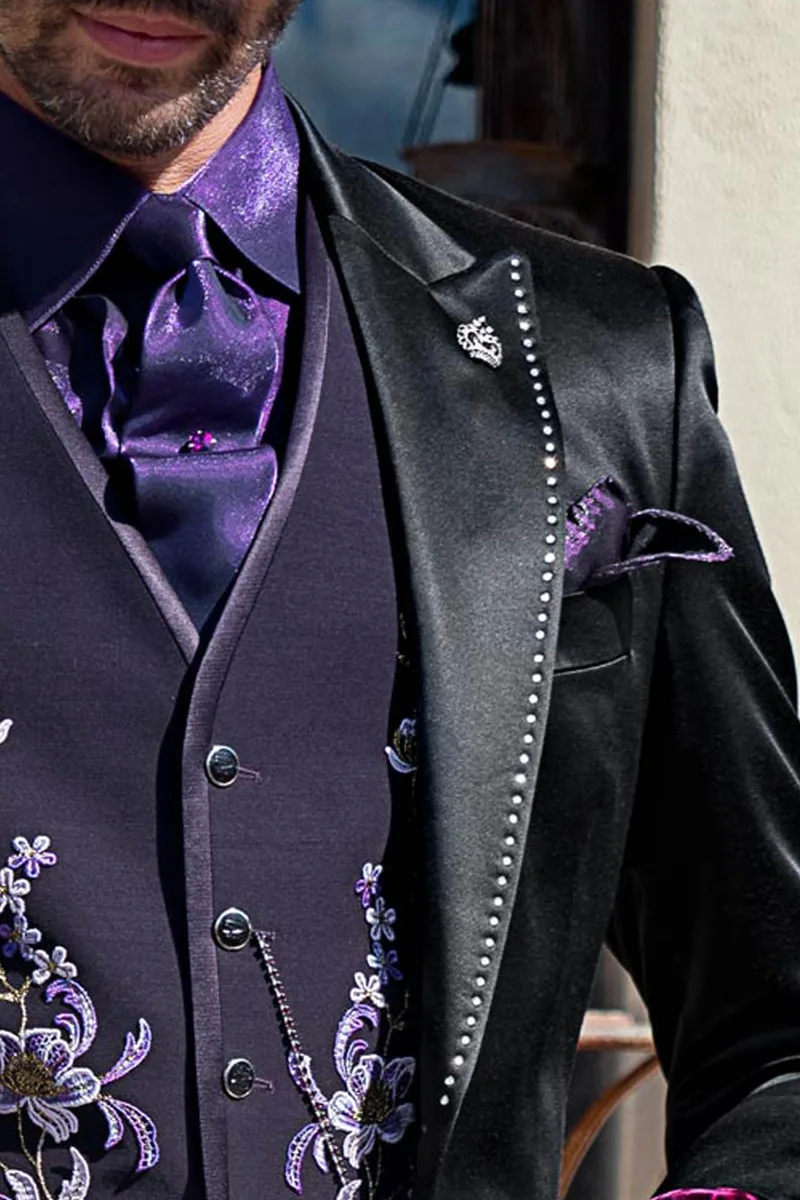 Abito uomo in raso nero con strass cristallo in stile steampunk vintage 3