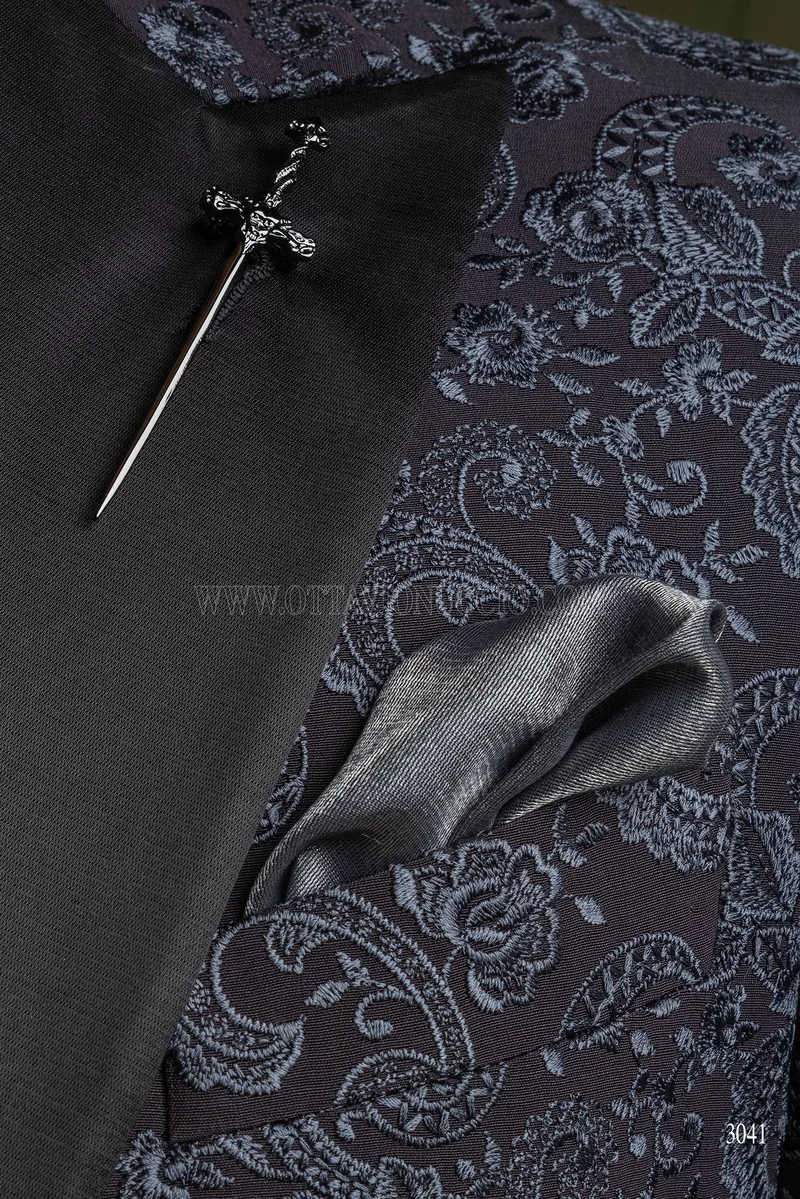 Giacca ricamata grigia elegante particolare da uomo per feste 7