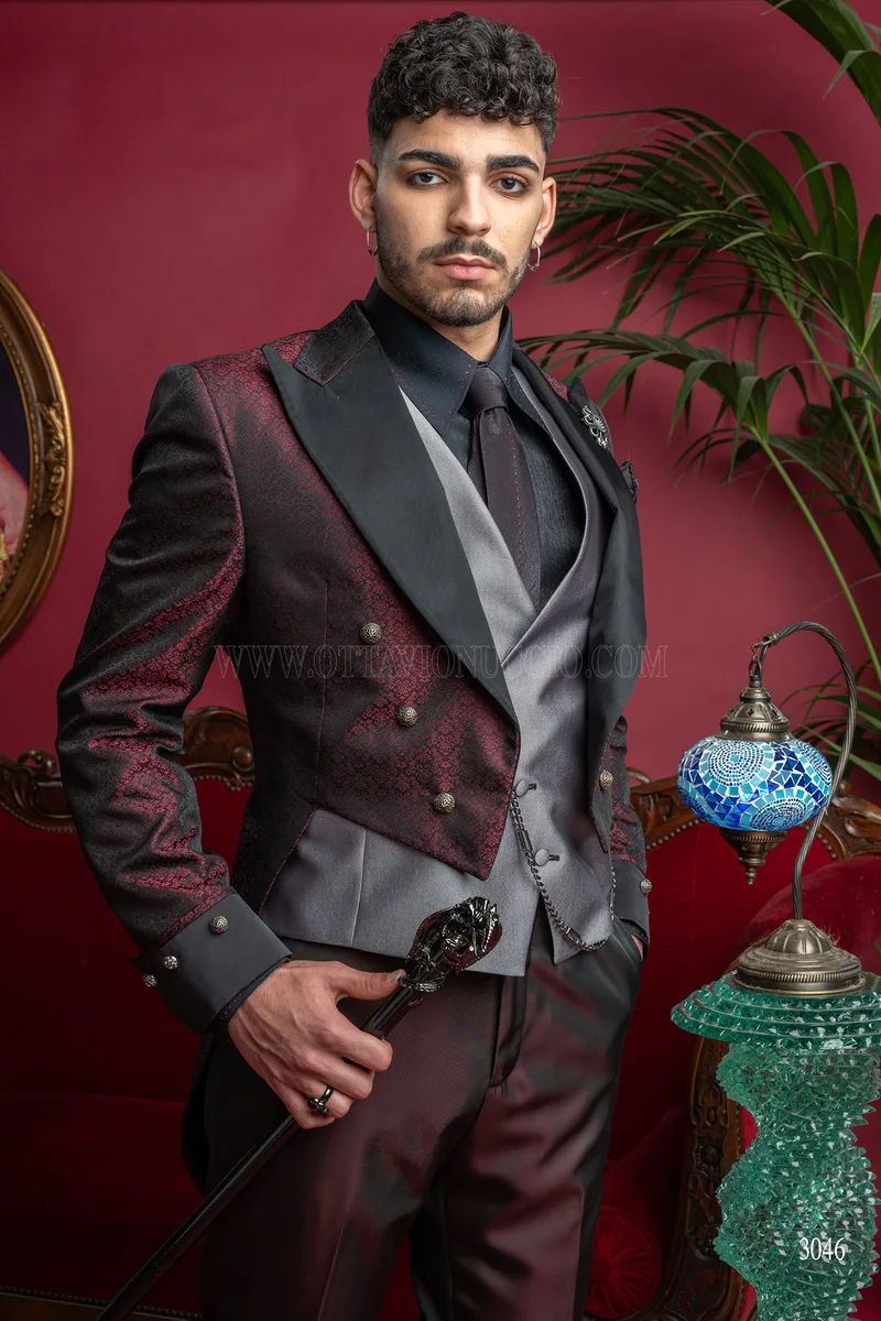 Frac bordeaux stile steampunk uomo con rever a contrasto - Disponibilità Limitata 1