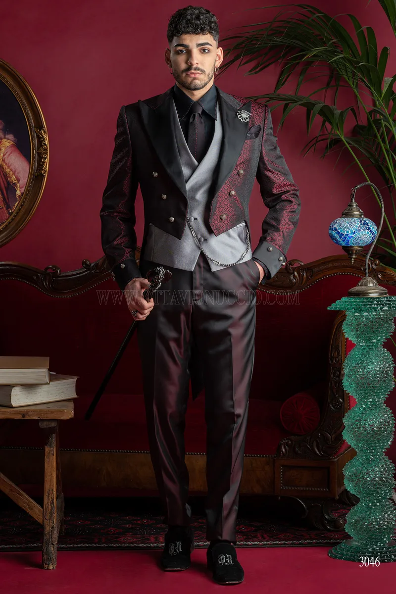 Frac bordeaux stile steampunk uomo con rever a contrasto - Disponibilità Limitata 2