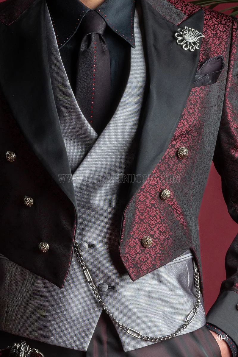 Frac bordeaux stile steampunk uomo con rever a contrasto - Disponibilità Limitata 3