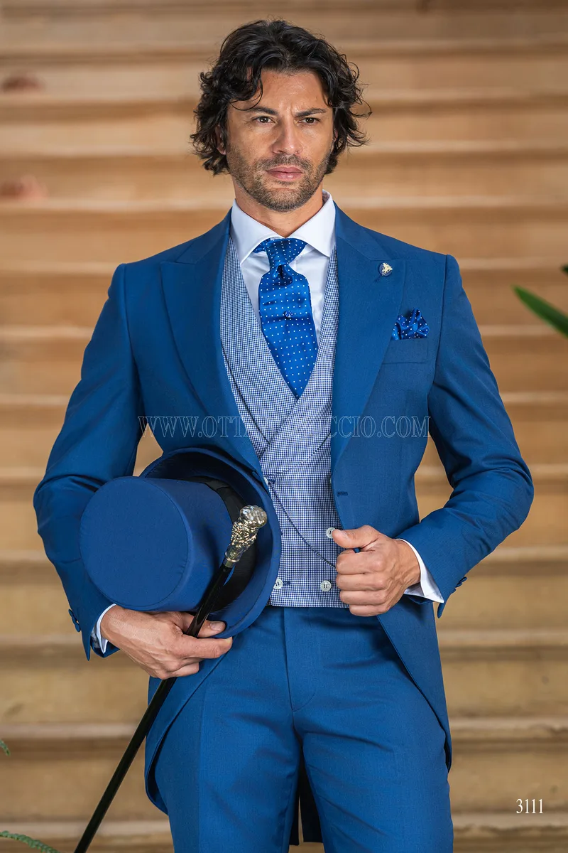 Abito da sposo blu azzurro tight moderno gilet pied de poule 1
