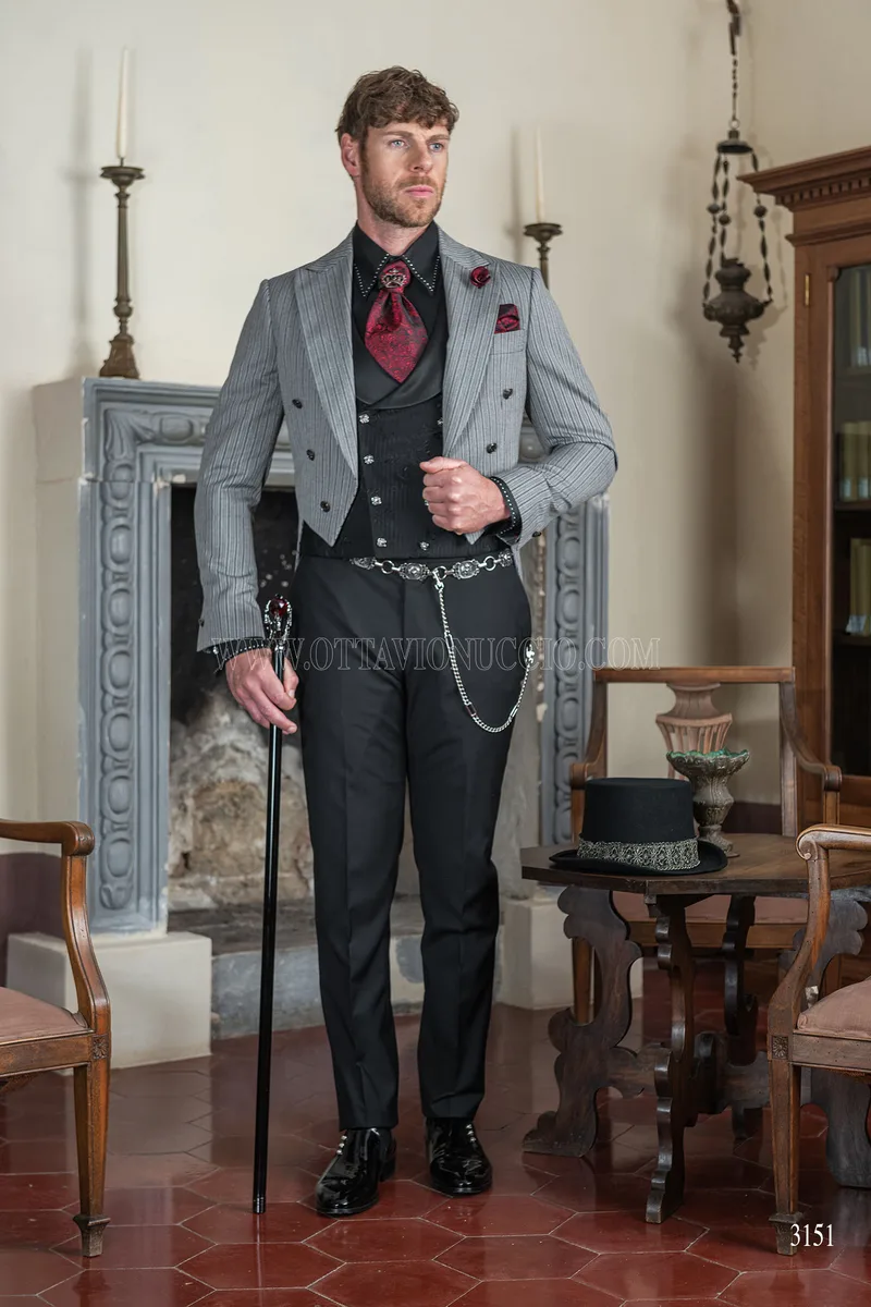 Frac uomo sposo steampunk gotico gessato grigio 3