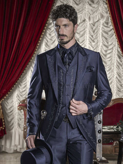Abito blu da cerimonia uomo con ricamo nero e argento