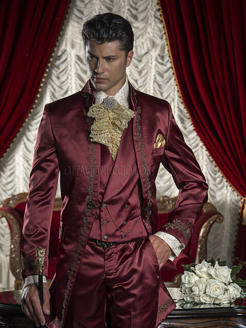 Abito da sposo uomo barocco in raso rosso ricamato nero e oro