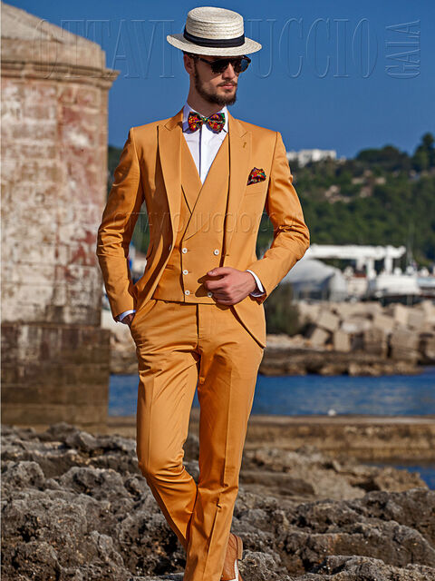 Abito arancione stile hipster in cotone con gilet doppiopetto
