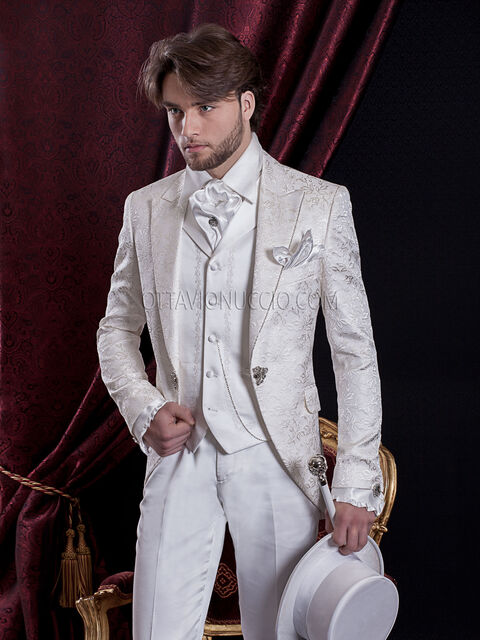 Abito Sposo Barocco slim redingote broccato bianco, gilet ricamato