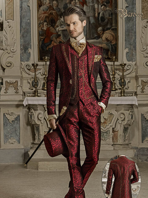 Vestito sposo damascato barocco rosso ricamo oro