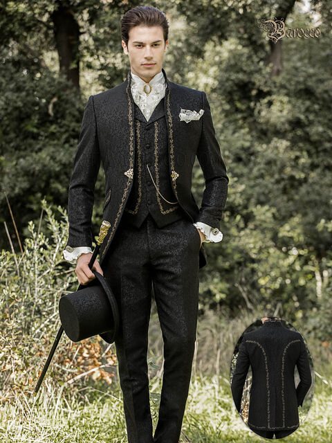 Abito collo coreano stile barocco damascato nero ricamato oro