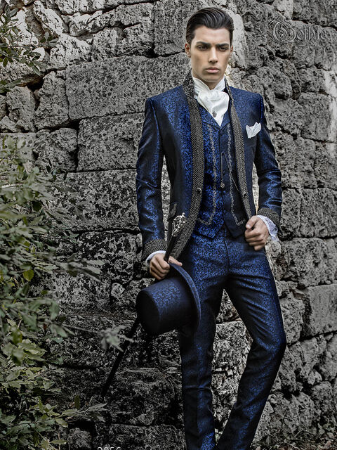 Abito uomo collo coreano damascato blu con strass cristallo fumé