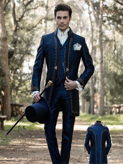 Vestito sposo stile barocco damascato blu con ricami oro