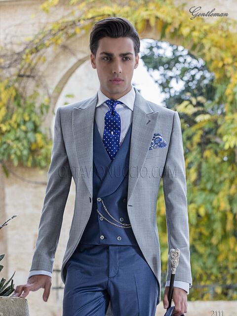 Abito tight moderno, giacca principe di Galles grigio e pantalone blu