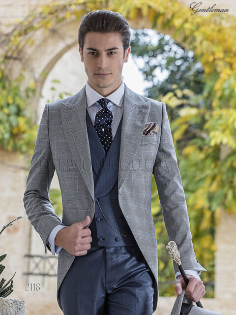 Abito sposo Tight moderno Principe di Galles grigio e pantalone blu