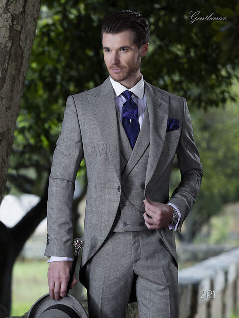 Abito da sposo tight moderno in principe di Galles grigio