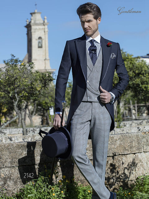 Completo Tight blu con pantalone e gilet principe di Galles grigio