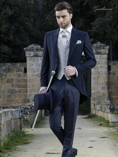 Completo sposo tight moderno blu con pantalone al tono rigato