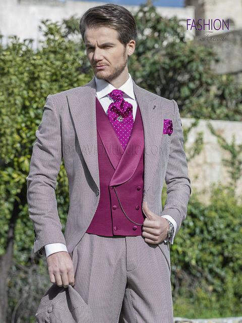 Vestito uomo sposo fashion in pied de poule con gilet fucsia