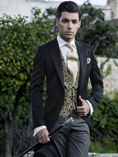 Abito tight nero da cerimonia uomo con pantalone a righe