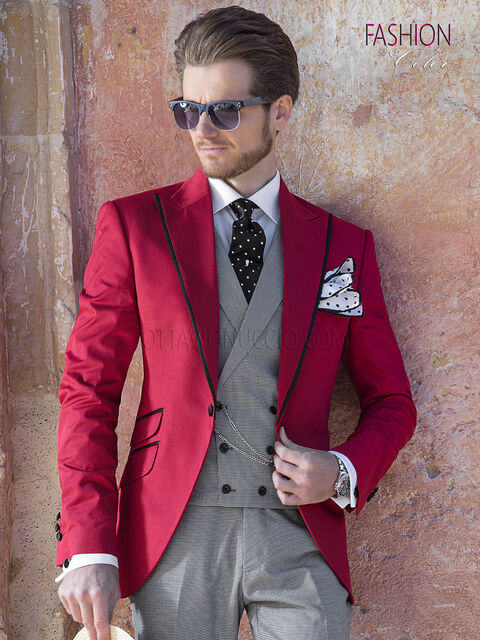 Completo da sposo uomo fashion rosso, pantalone e gilet pied de poule