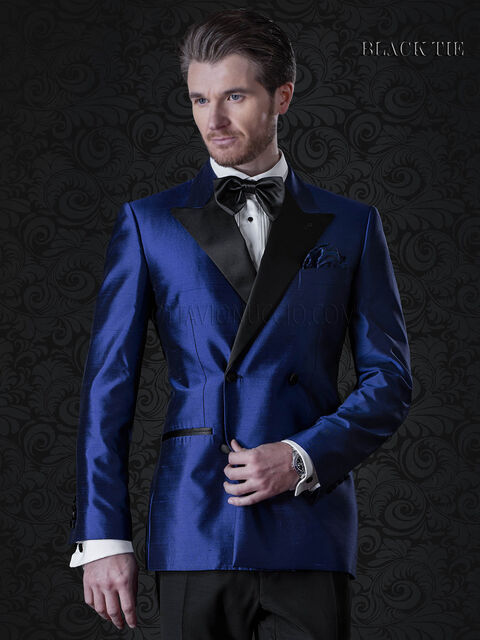 Giacca smoking doppiopetto uomo blu elettrico in shantung