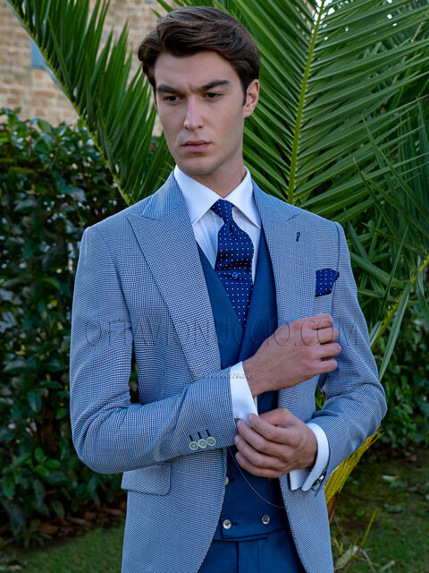 Giacca fashion uomo pied de poule blu royal con gilet e pantaloni blu