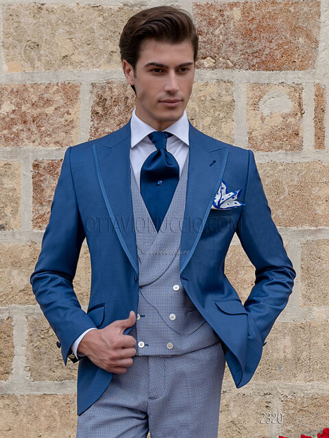 Abito sposo uomo giacca blu royal, gilet e pantalone pied de poule